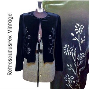 VINTAGE 1980's Black Velvet Pin Up Glitter Bolero Jacket by Ronni Nicole Medium
